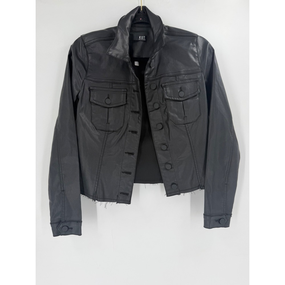 Kut from the Kloth Kara Coated Jacket Womens XS Black Frayed Hem Crop KJ0314MC1 - Picture 2 of 9